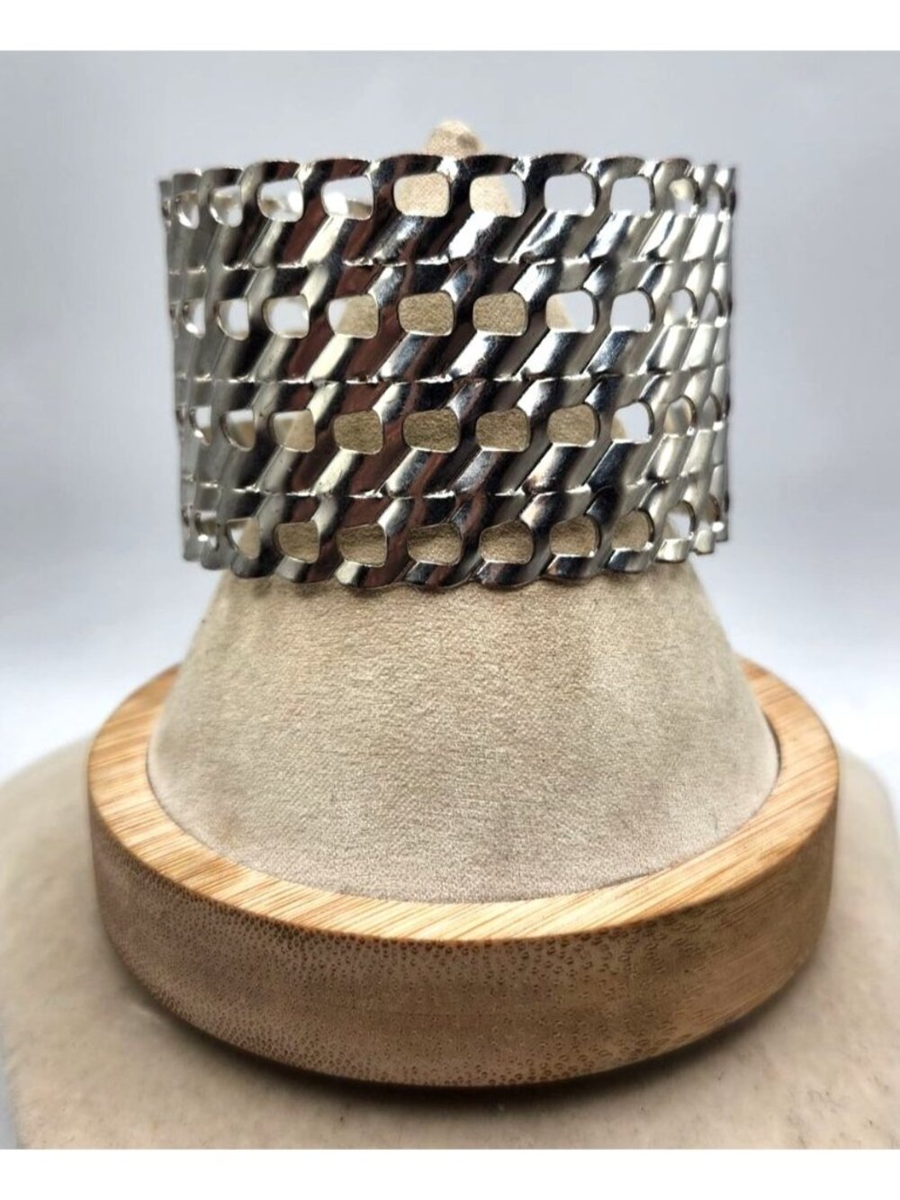 Wide Silver-Tone Openwork Cuff Bracelet Geometric Hollow Design
